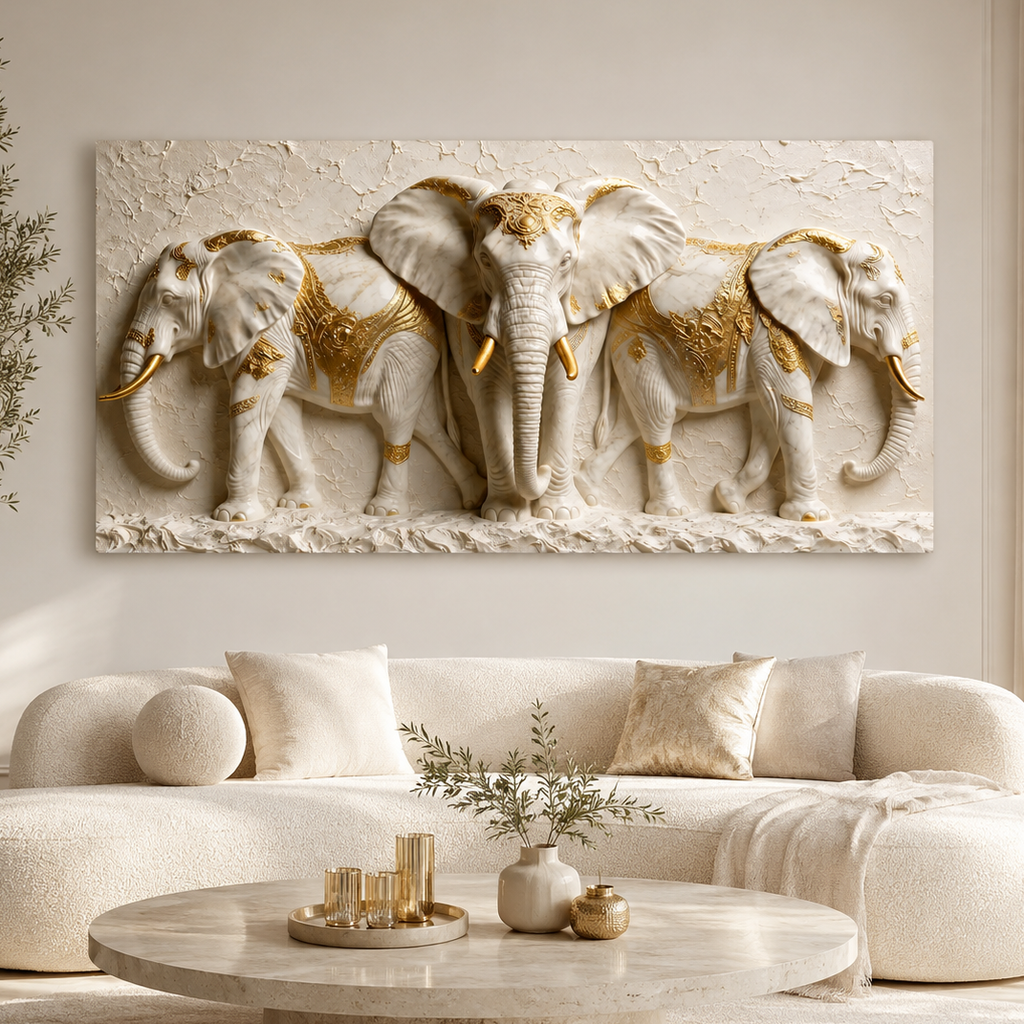 Elegant Three Elephant 3D Wall Painting with White and Gold Luxury Design