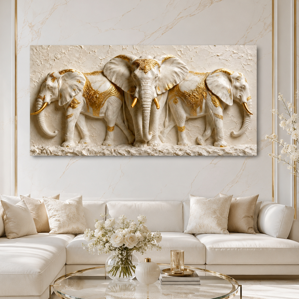 Elegant Three Elephant 3D Wall Painting with White and Gold Luxury Design