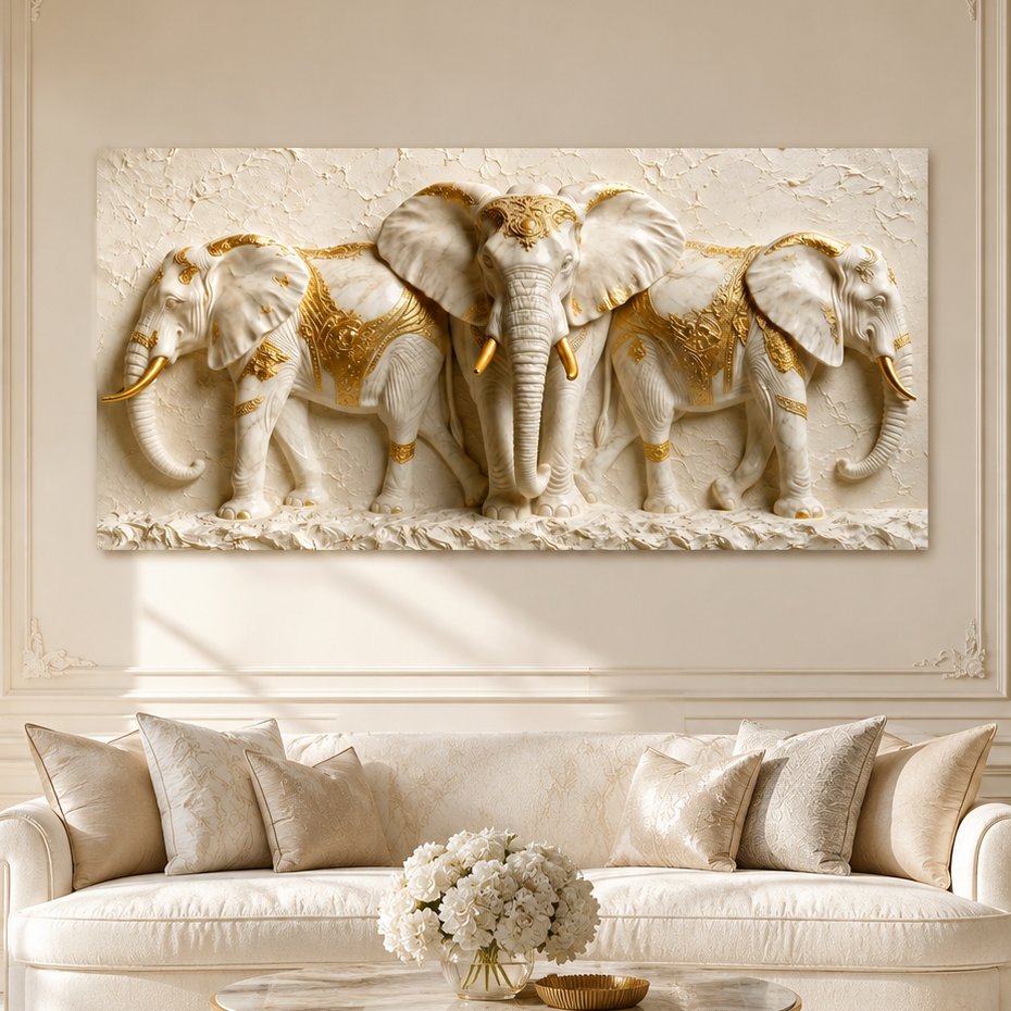 Elegant Three Elephant 3D Wall Painting with White and Gold Luxury Design