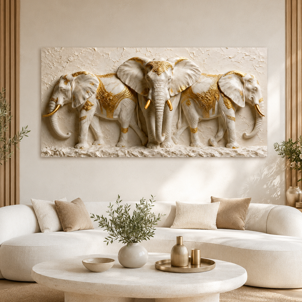 Elegant Three Elephant 3D Wall Painting with White and Gold Luxury Design