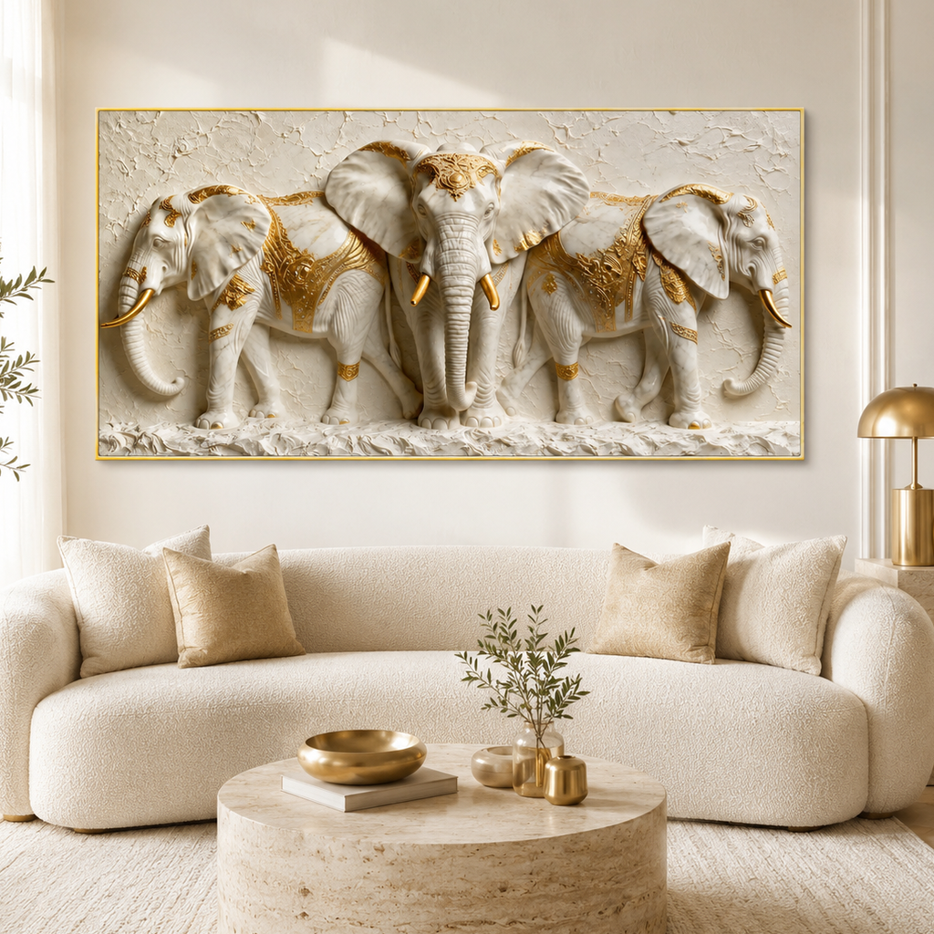 Elegant Three Elephant 3D Wall Painting with White and Gold Luxury Design