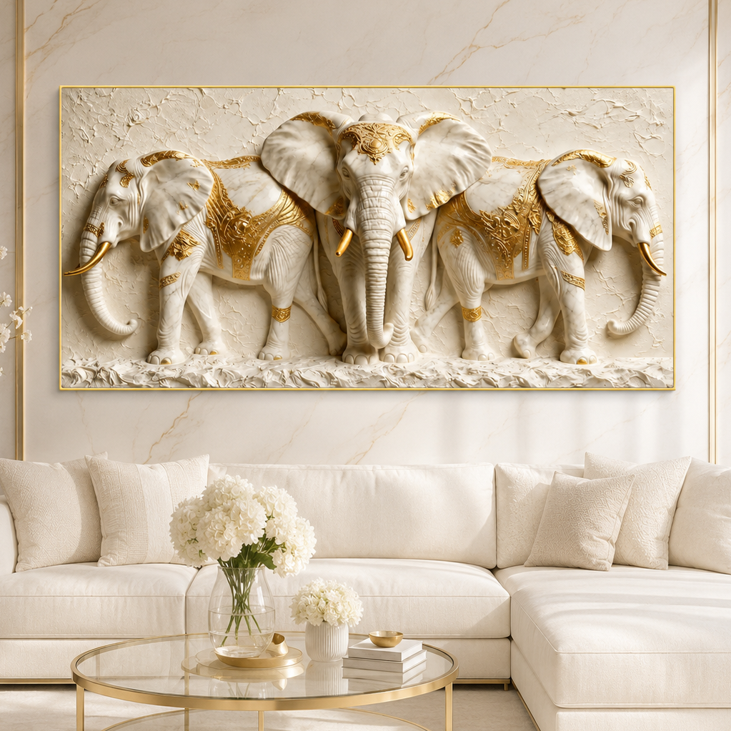 Elegant Three Elephant 3D Wall Painting with White and Gold Luxury Design