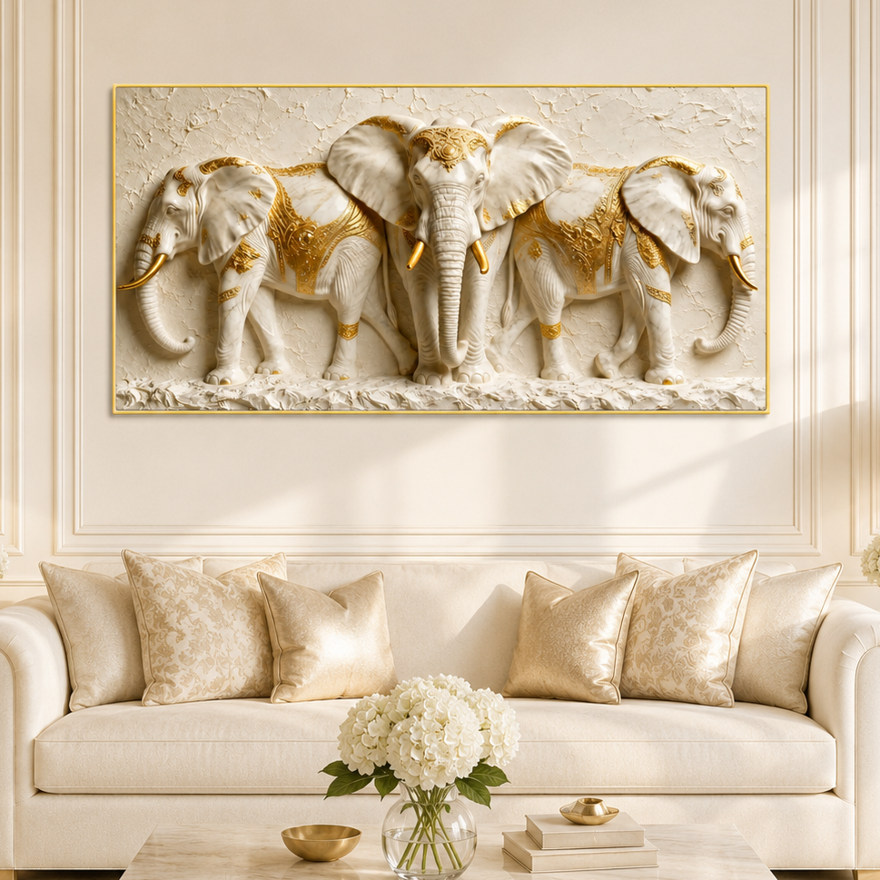 Elegant Three Elephant 3D Wall Painting with White and Gold Luxury Design