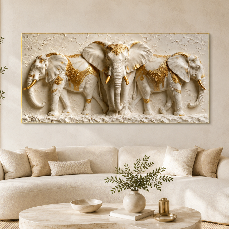 Elegant Three Elephant 3D Wall Painting with White and Gold Luxury Design