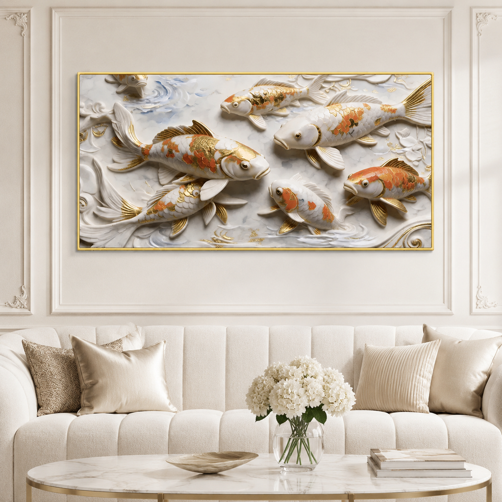Elegant 3D Embossed Gold & Orange Koi Fish Painting - White Marble Relief Canvas Wall Decor