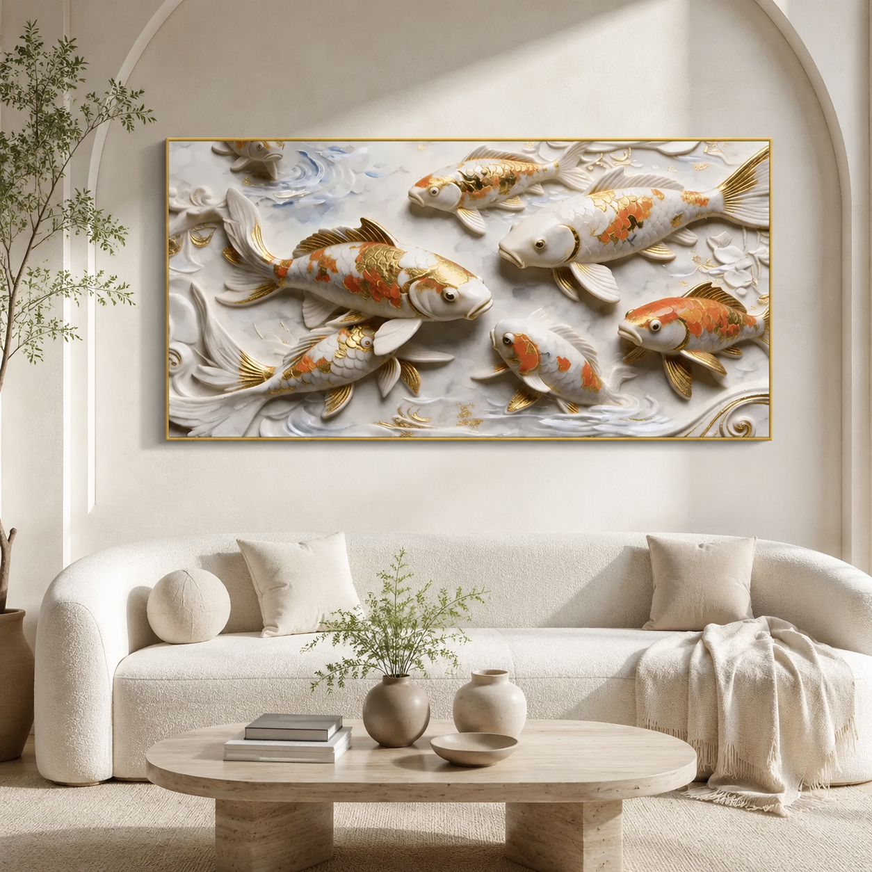Elegant 3D Embossed Gold & Orange Koi Fish Painting - White Marble Relief Canvas Wall Decor