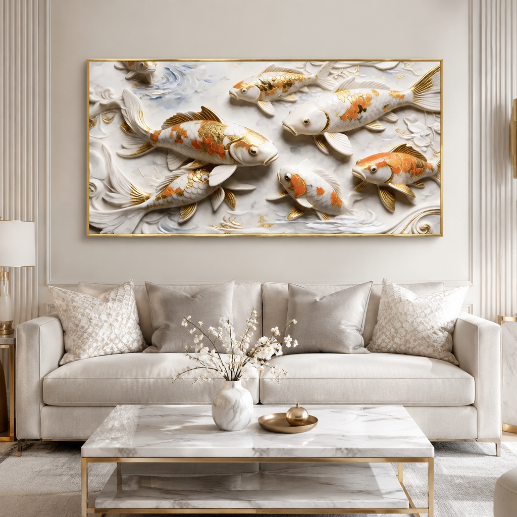 Elegant 3D Embossed Gold & Orange Koi Fish Painting - White Marble Relief Canvas Wall Decor