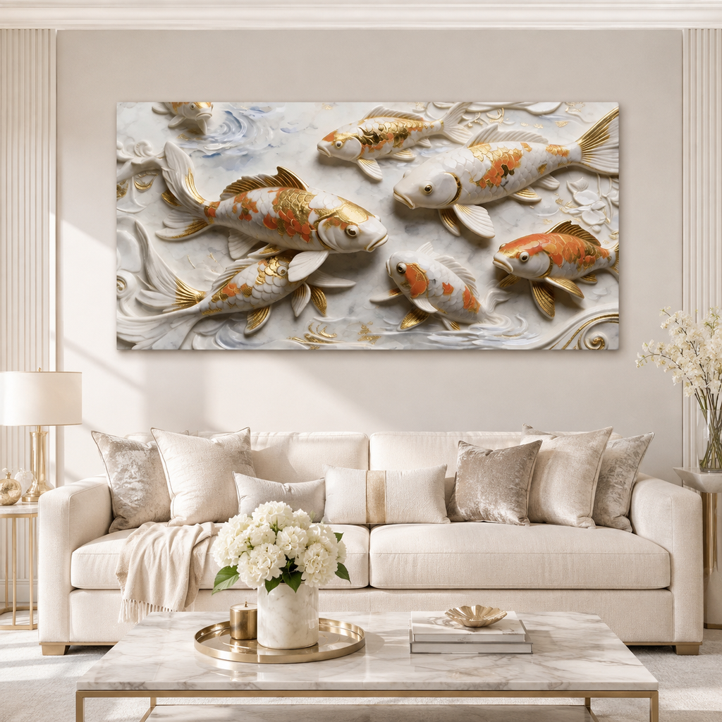 Elegant 3D Embossed Gold & Orange Koi Fish Painting - White Marble Relief Canvas Wall Decor