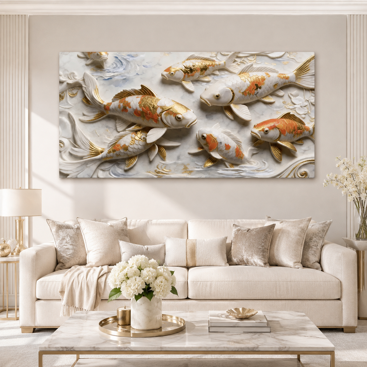 Elegant 3D Embossed Gold & Orange Koi Fish Painting - White Marble Relief Canvas Wall Decor