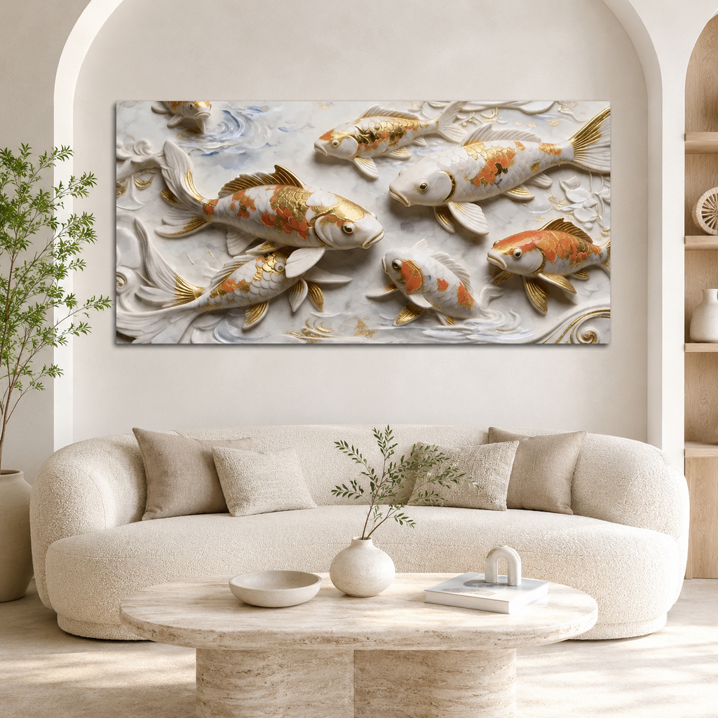 Elegant 3D Embossed Gold & Orange Koi Fish Painting - White Marble Relief Canvas Wall Decor