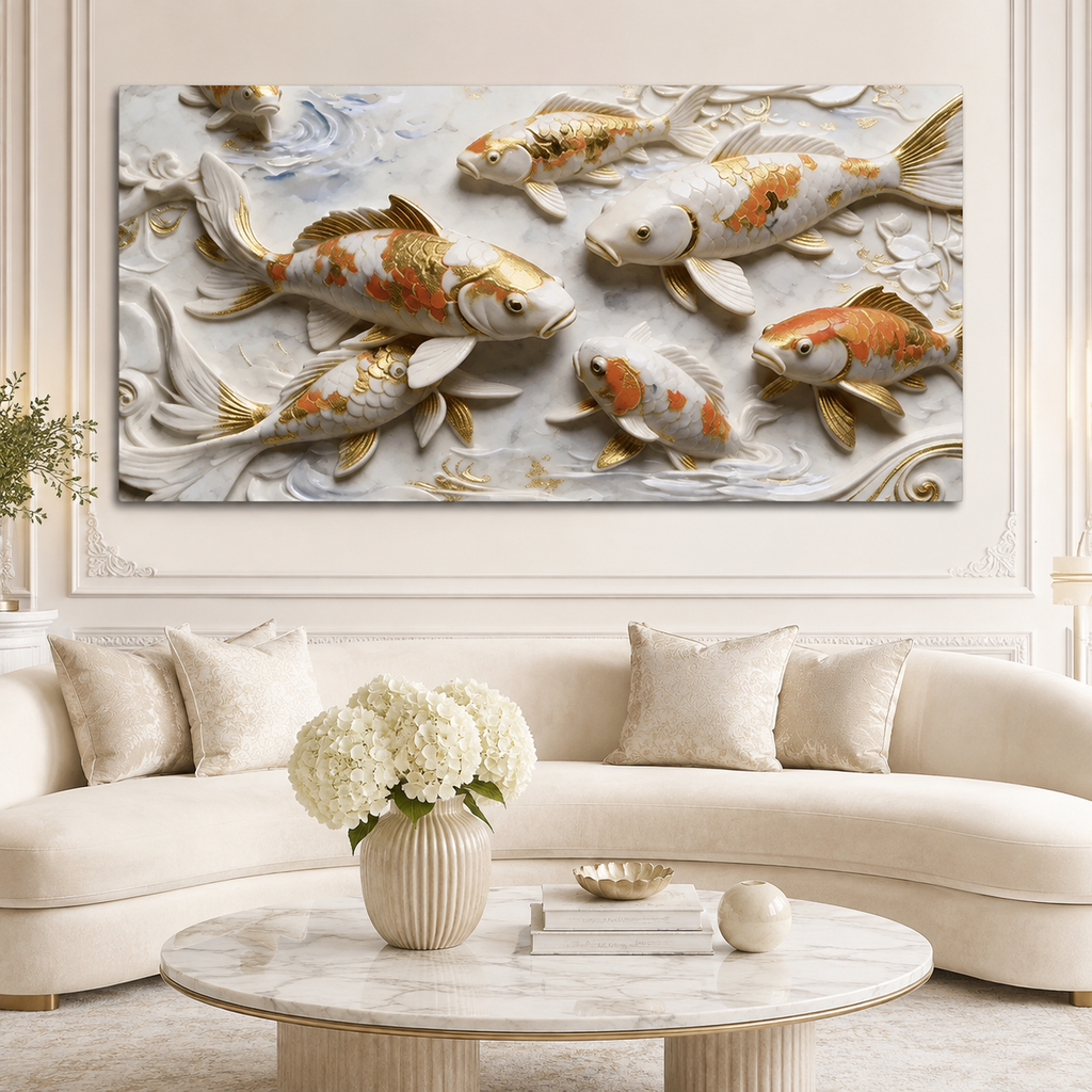 Elegant 3D Embossed Gold & Orange Koi Fish Painting - White Marble Relief Canvas Wall Decor