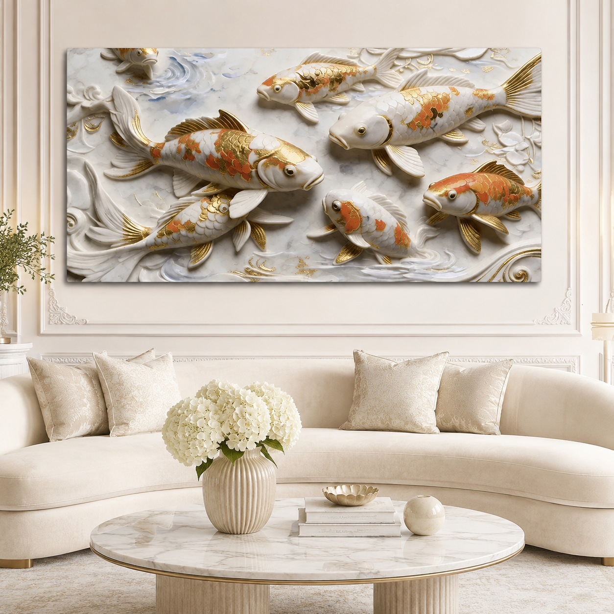 Elegant 3D Embossed Gold & Orange Koi Fish Painting - White Marble Relief Canvas Wall Decor