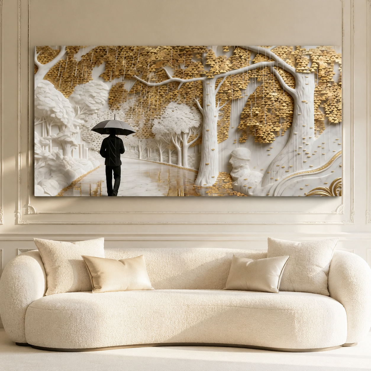 Elegant 3D Forest Wall Painting with Golden Leaves, White Trees and Rainy Pathway