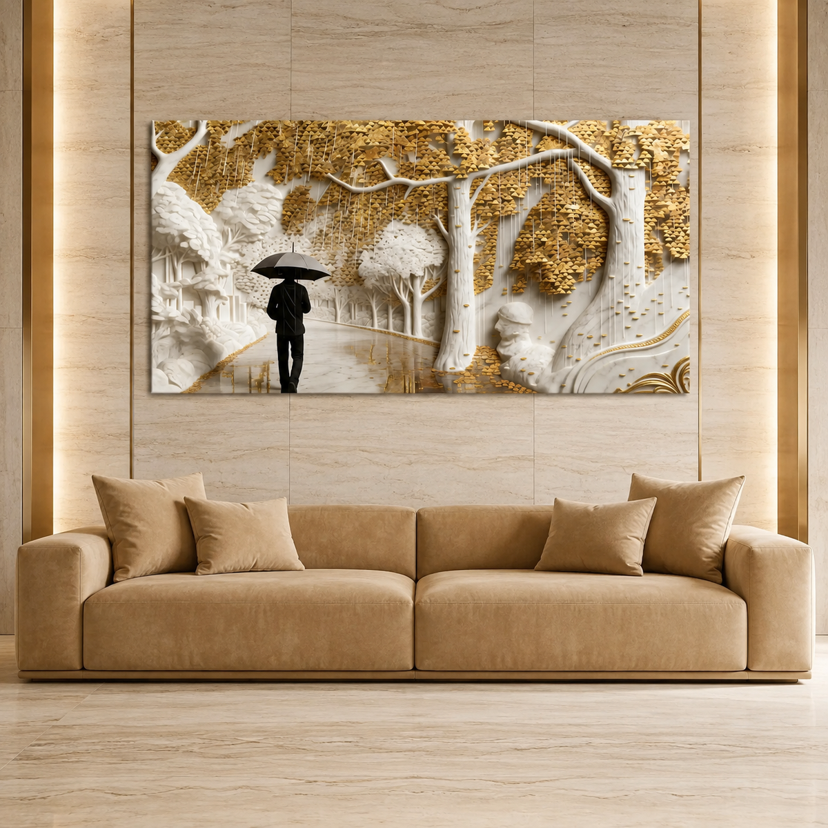 Elegant 3D Forest Wall Painting with Golden Leaves, White Trees and Rainy Pathway