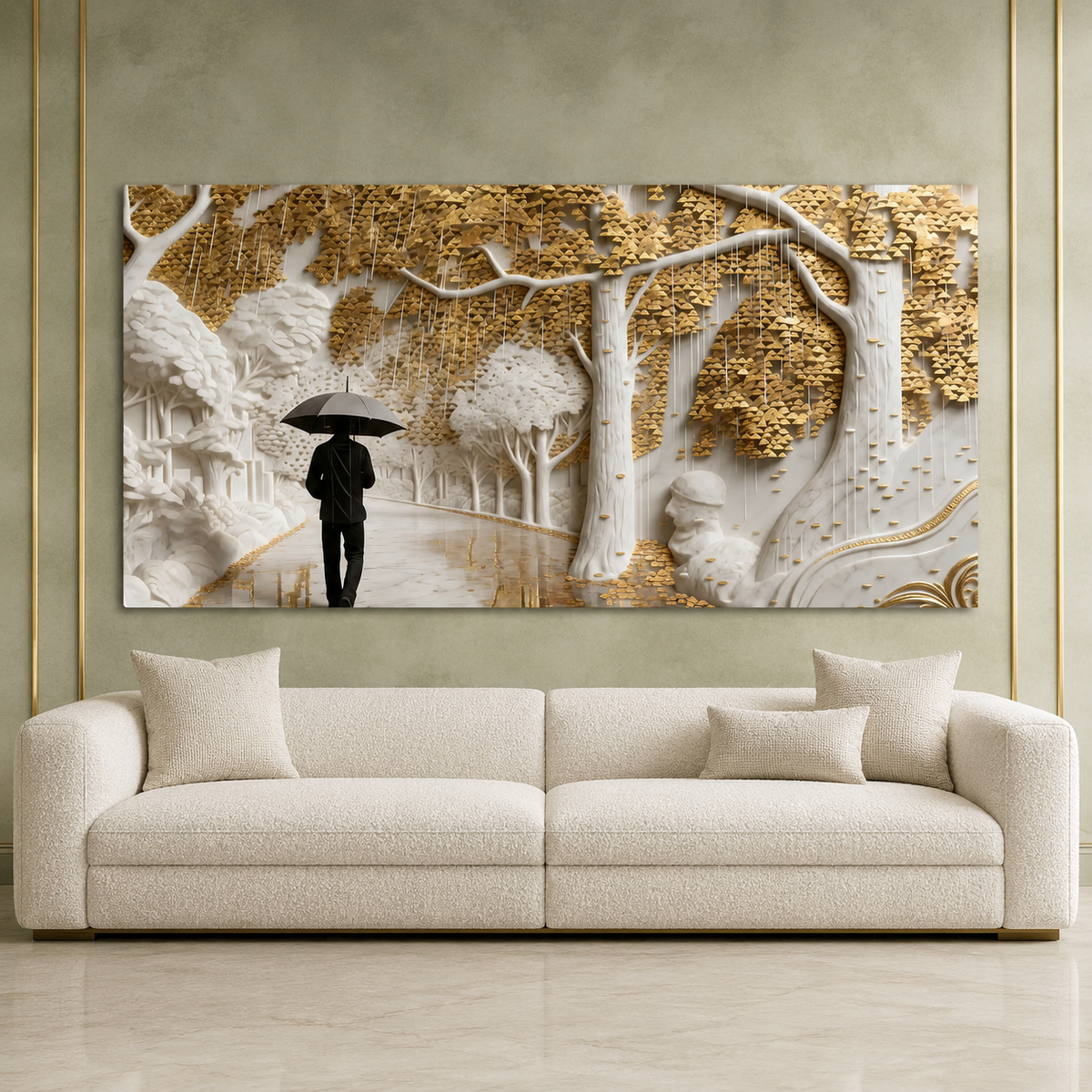 Elegant 3D Forest Wall Painting with Golden Leaves, White Trees and Rainy Pathway