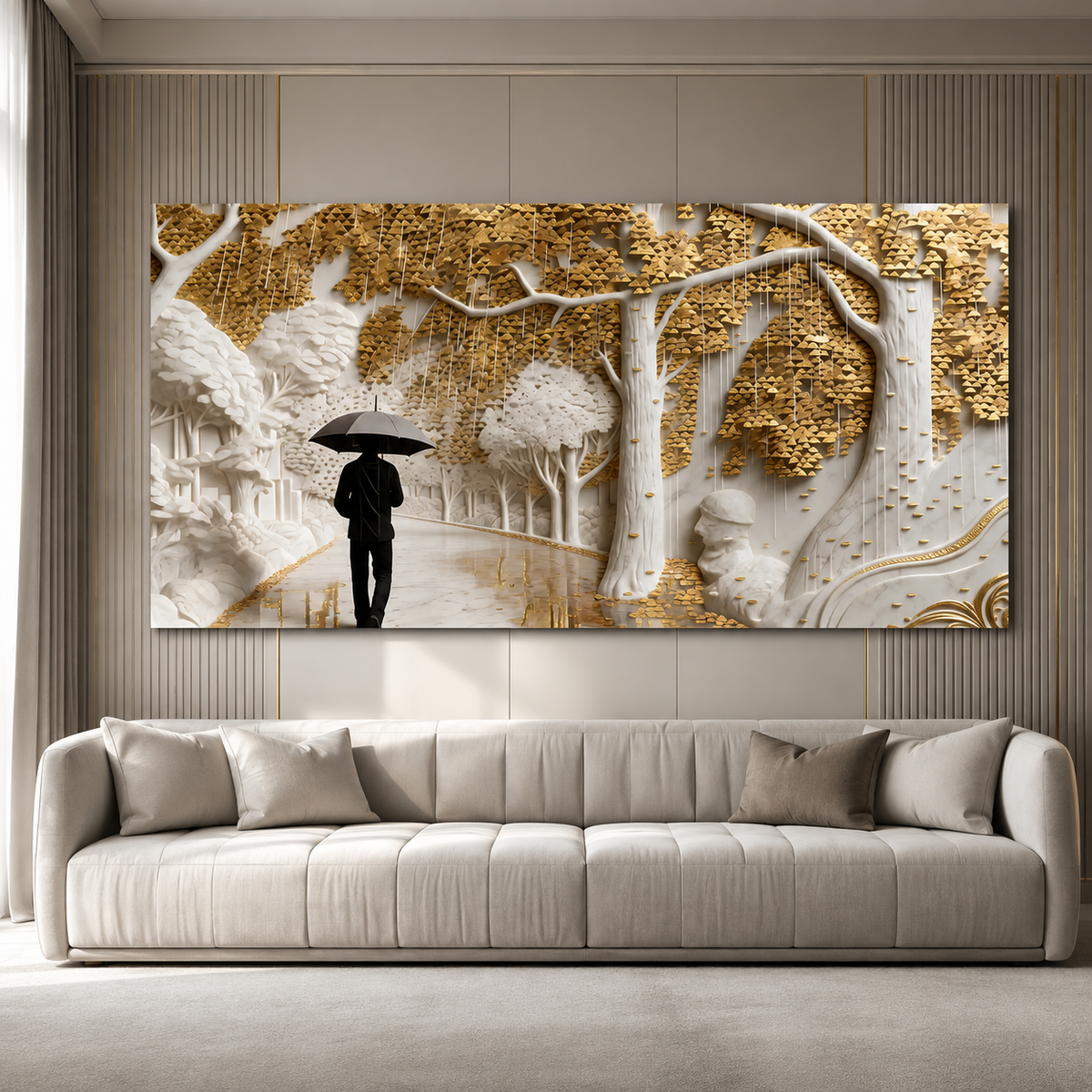 Elegant 3D Forest Wall Painting with Golden Leaves, White Trees and Rainy Pathway