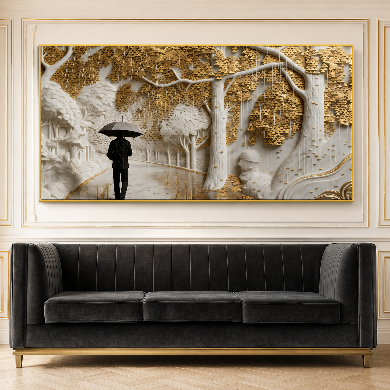 Elegant 3D Forest Wall Painting with Golden Leaves, White Trees and Rainy Pathway