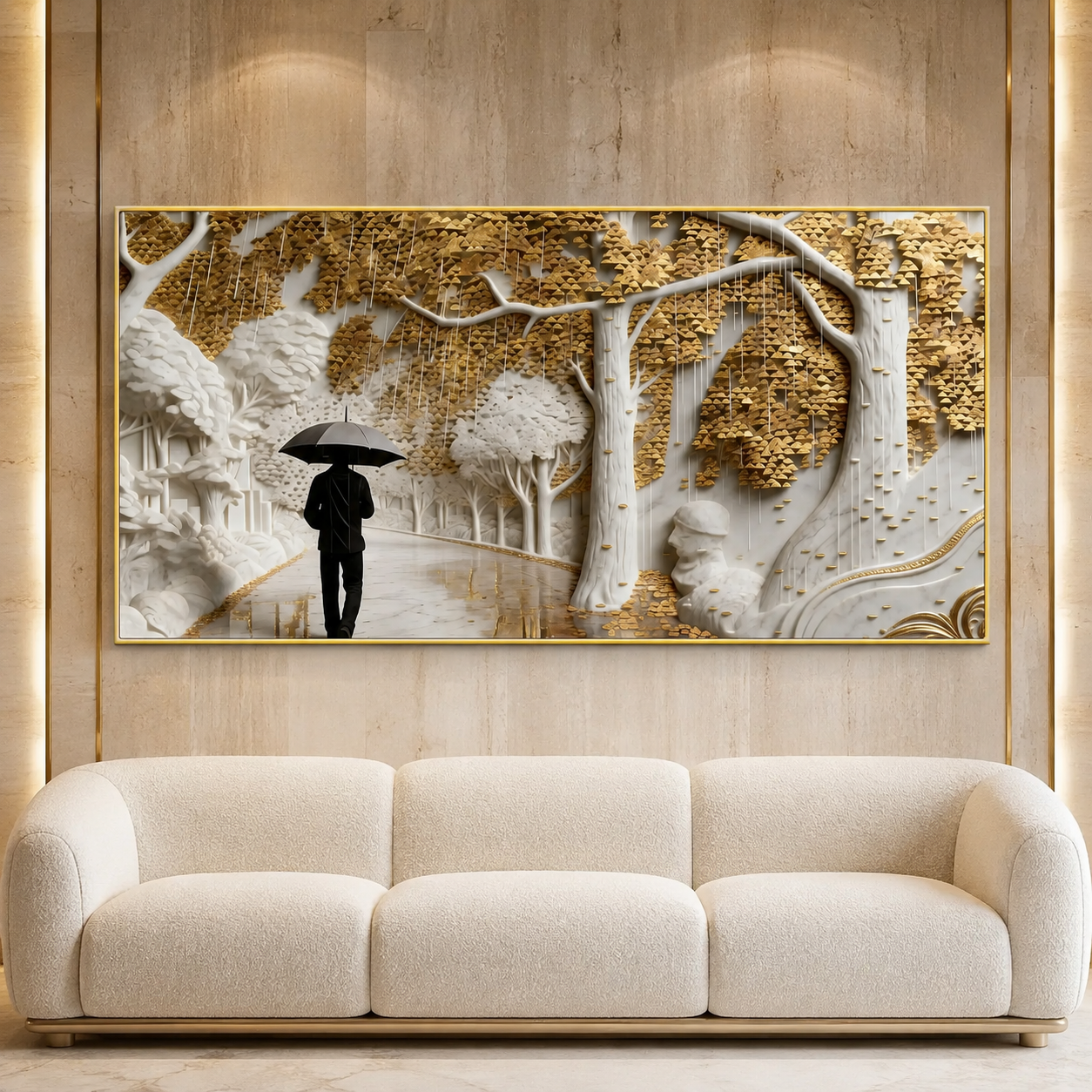 Elegant 3D Forest Wall Painting with Golden Leaves, White Trees and Rainy Pathway