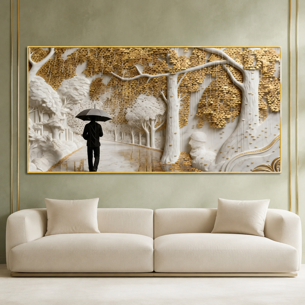 Elegant 3D Forest Wall Painting with Golden Leaves, White Trees and Rainy Pathway