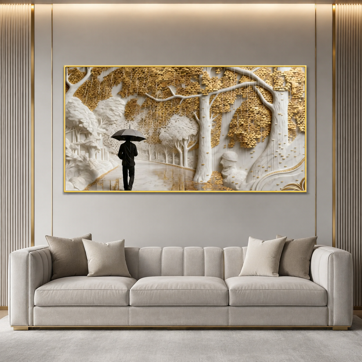 Elegant 3D Forest Wall Painting with Golden Leaves, White Trees and Rainy Pathway
