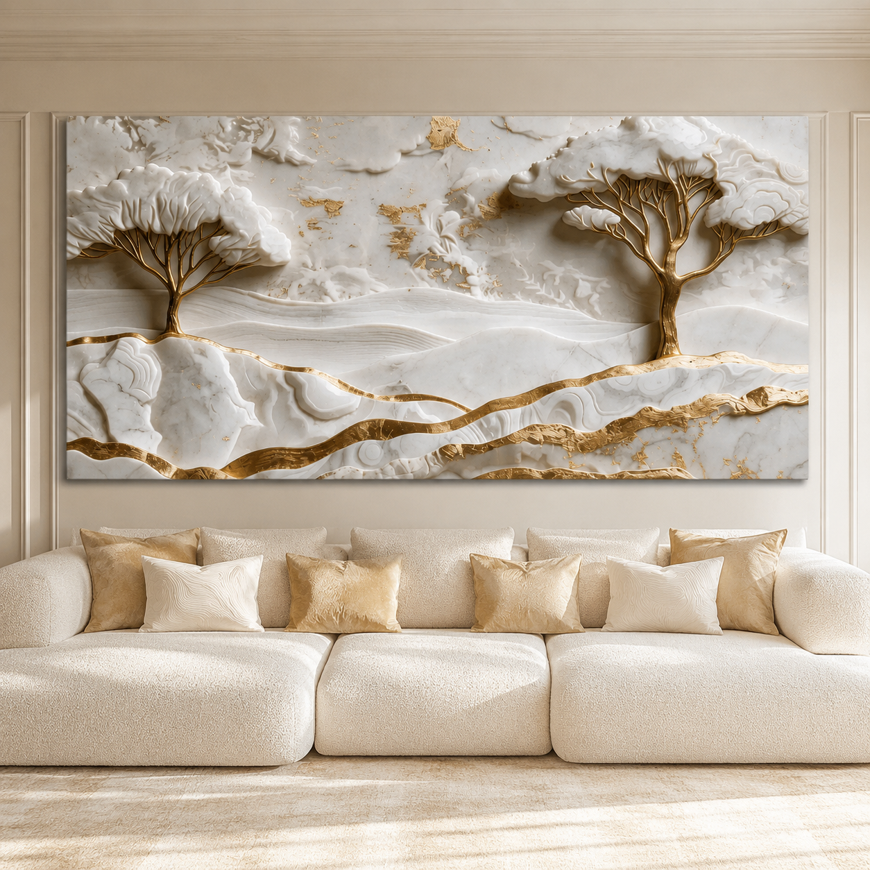 Elegant White and Gold 3D Nature Wall Painting with Mountains and Artistic Trees