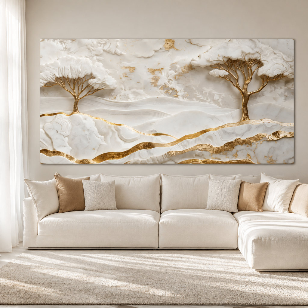 Elegant White and Gold 3D Nature Wall Painting with Mountains and Artistic Trees