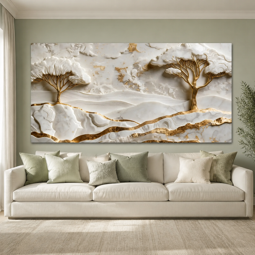 Elegant White and Gold 3D Nature Wall Painting with Mountains and Artistic Trees