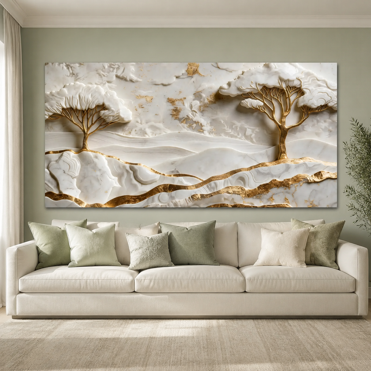 Elegant White and Gold 3D Nature Wall Painting with Mountains and Artistic Trees