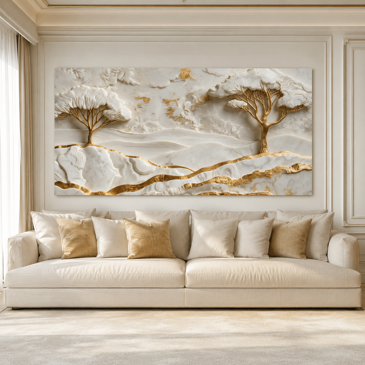 Elegant White and Gold 3D Nature Wall Painting with Mountains and Artistic Trees