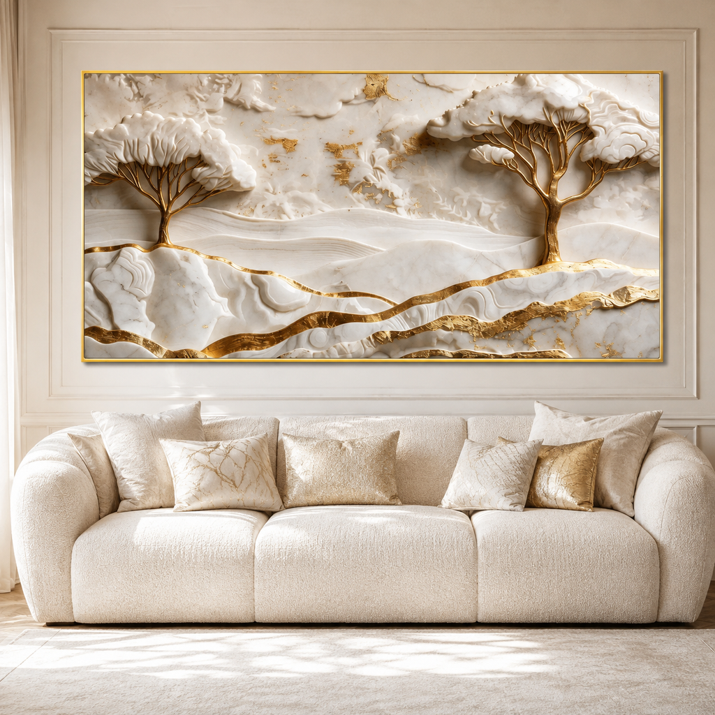 Elegant White and Gold 3D Nature Wall Painting with Mountains and Artistic Trees