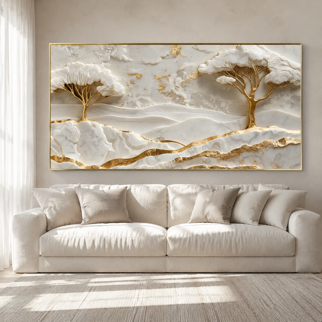 Elegant White and Gold 3D Nature Wall Painting with Mountains and Artistic Trees