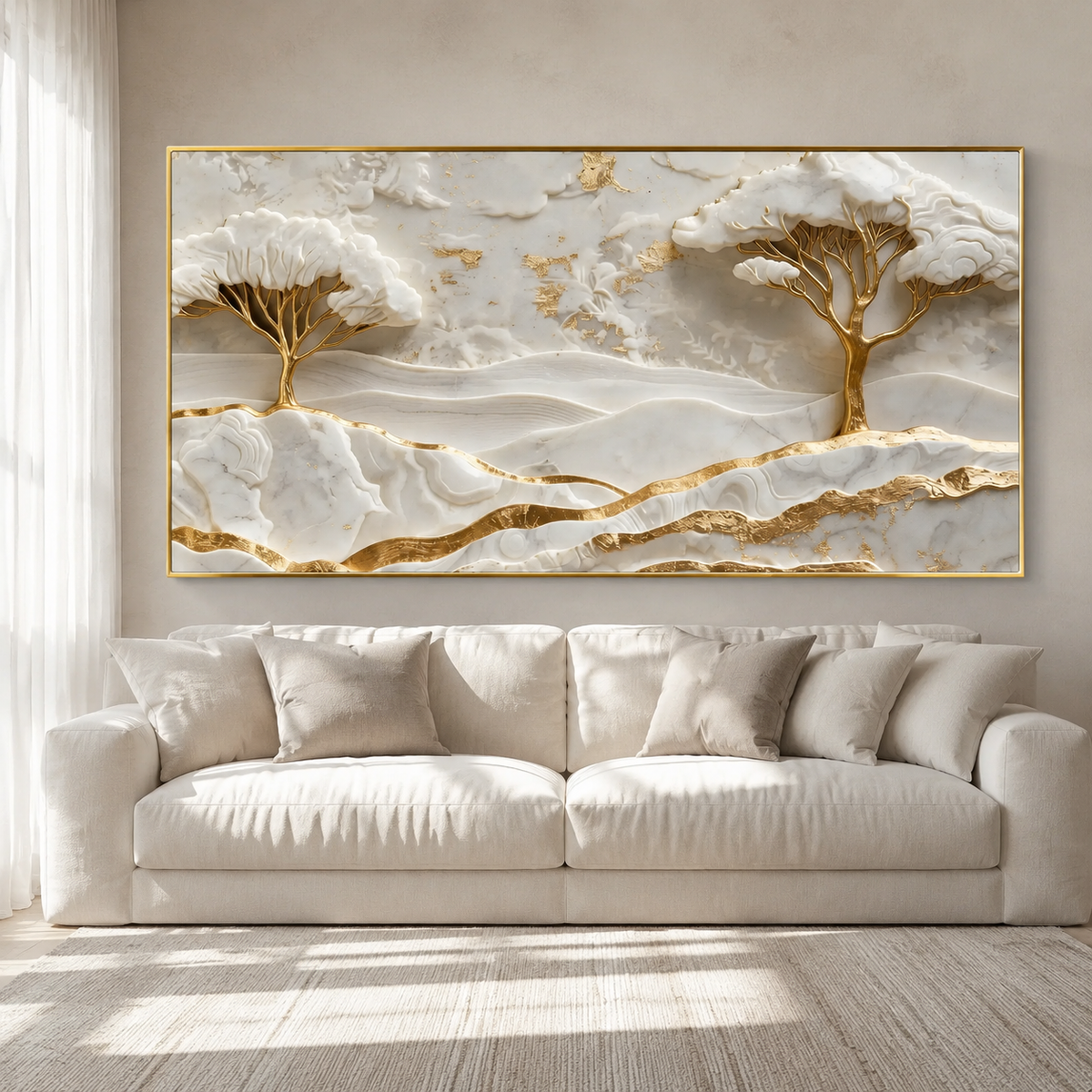 Elegant White and Gold 3D Nature Wall Painting with Mountains and Artistic Trees