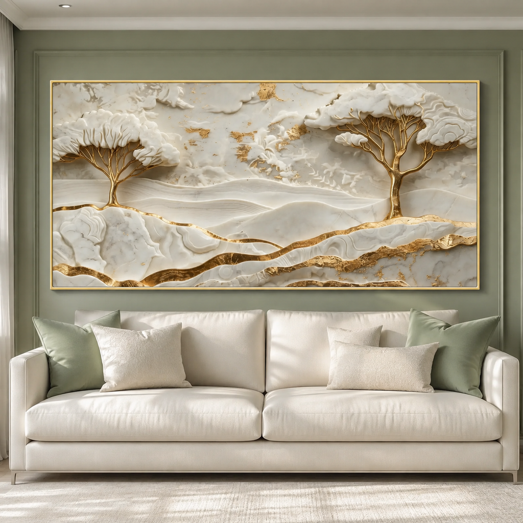 Elegant White and Gold 3D Nature Wall Painting with Mountains and Artistic Trees