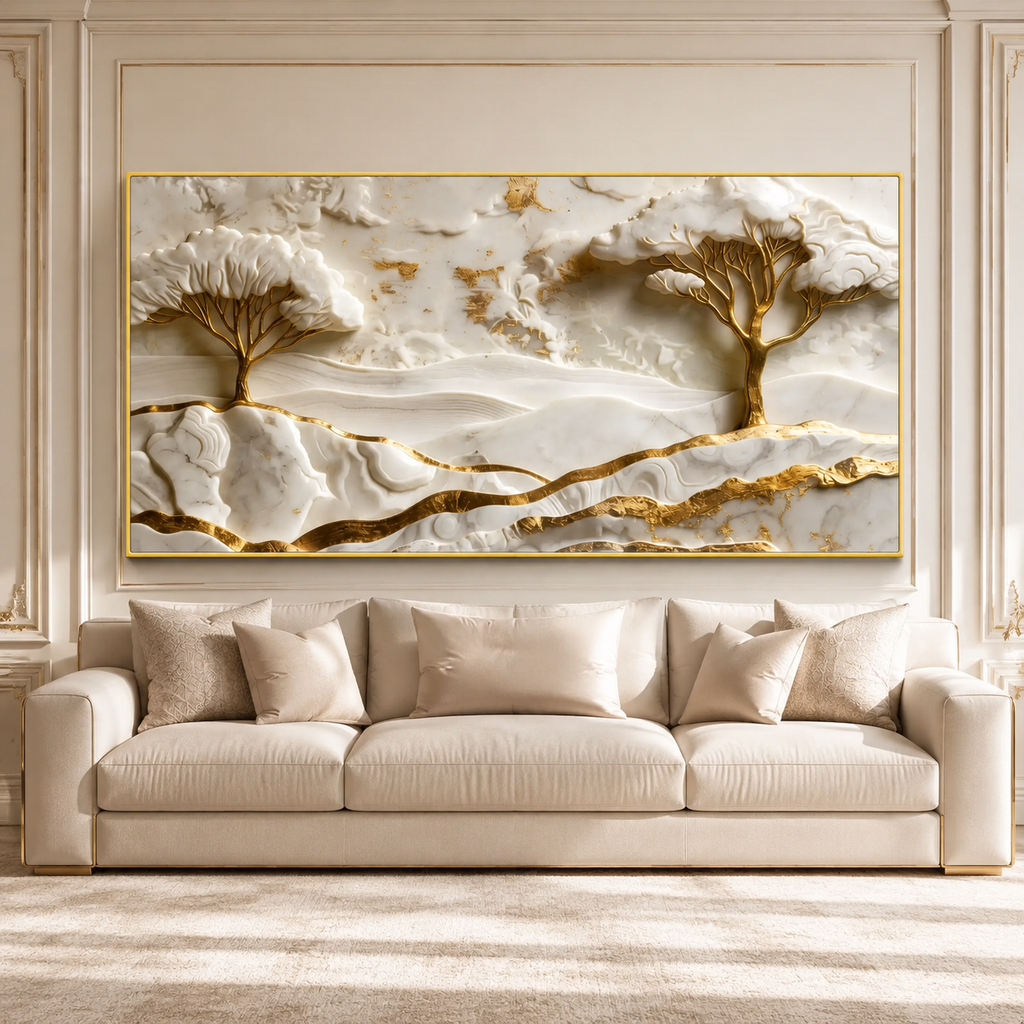 Elegant White and Gold 3D Nature Wall Painting with Mountains and Artistic Trees