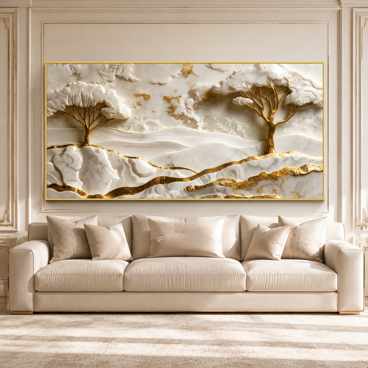 Elegant White and Gold 3D Nature Wall Painting with Mountains and Artistic Trees