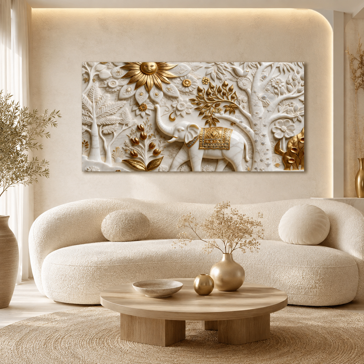 Luxury Elephant 3D Canvas Art with Floral Embossed Design for Living Room