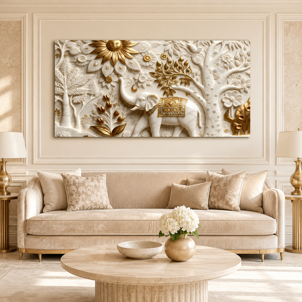 Luxury Elephant 3D Canvas Art with Floral Embossed Design for Living Room