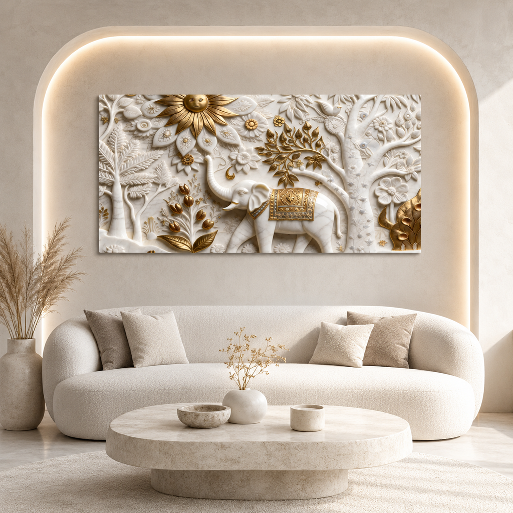 Luxury Elephant 3D Canvas Art with Floral Embossed Design for Living Room