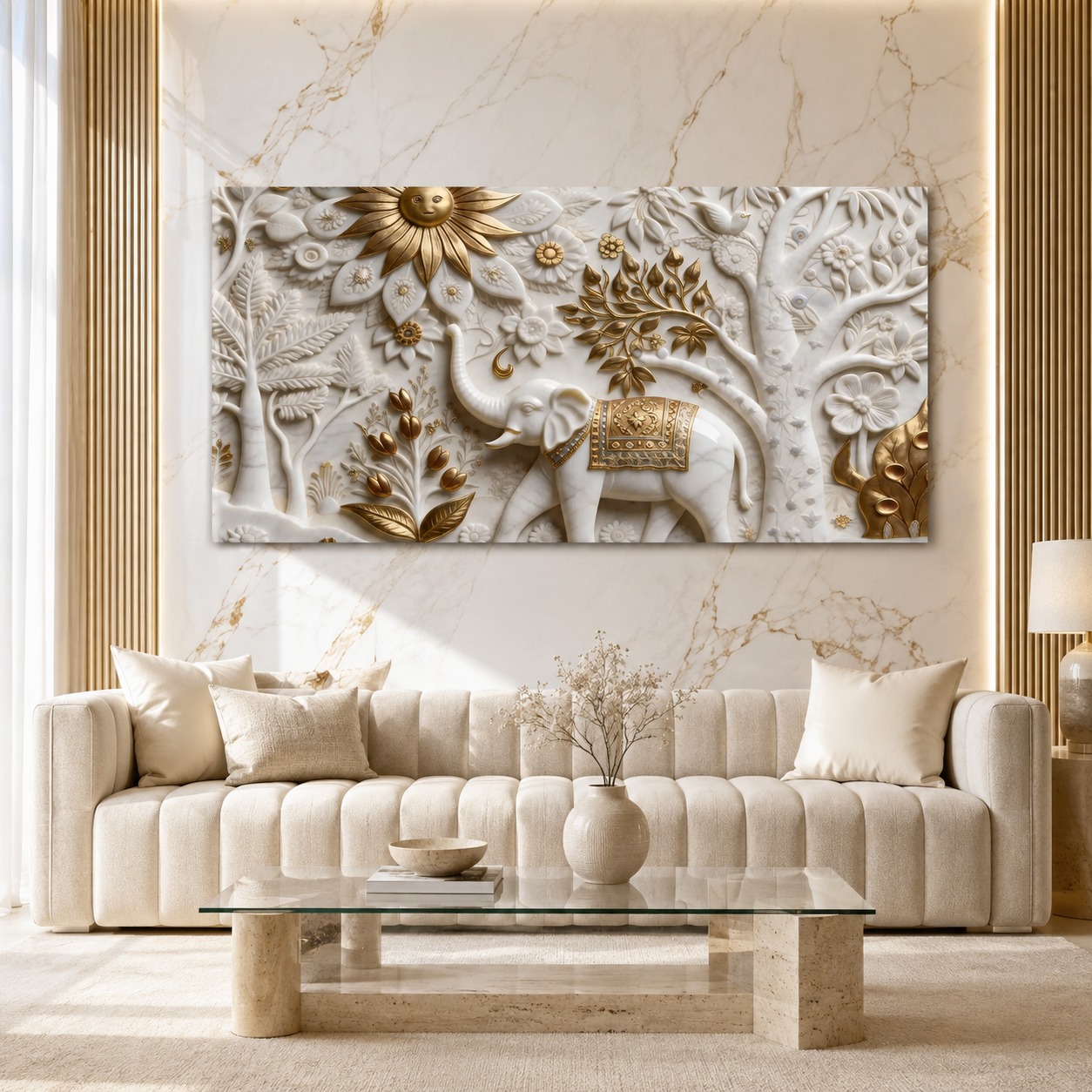 Luxury Elephant 3D Canvas Art with Floral Embossed Design for Living Room