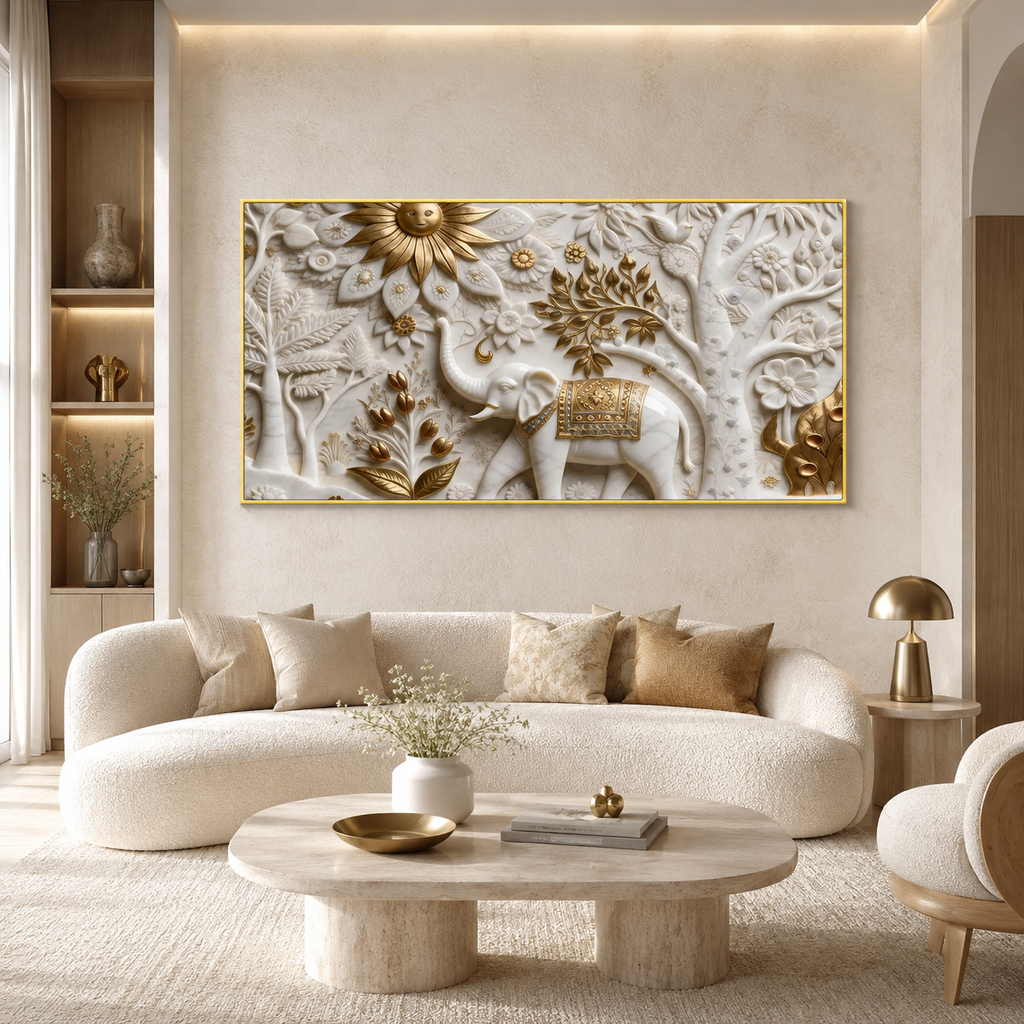 Luxury Elephant 3D Canvas Art with Floral Embossed Design for Living Room