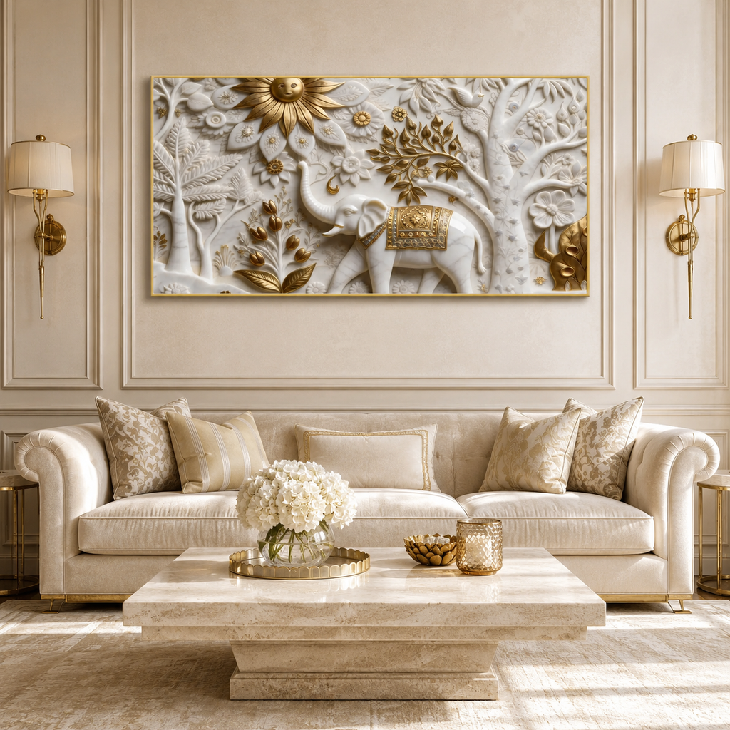 Luxury Elephant 3D Canvas Art with Floral Embossed Design for Living Room