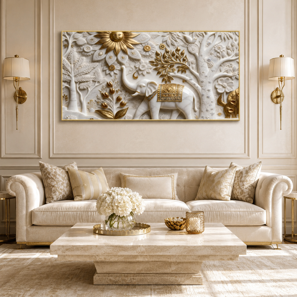 Luxury Elephant 3D Canvas Art with Floral Embossed Design for Living Room