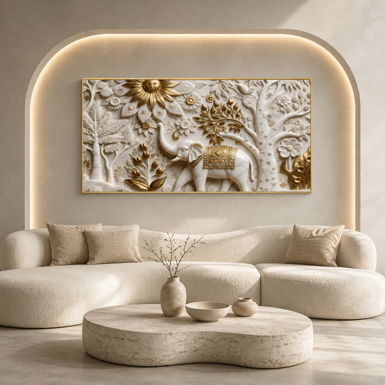 Luxury Elephant 3D Canvas Art with Floral Embossed Design for Living Room