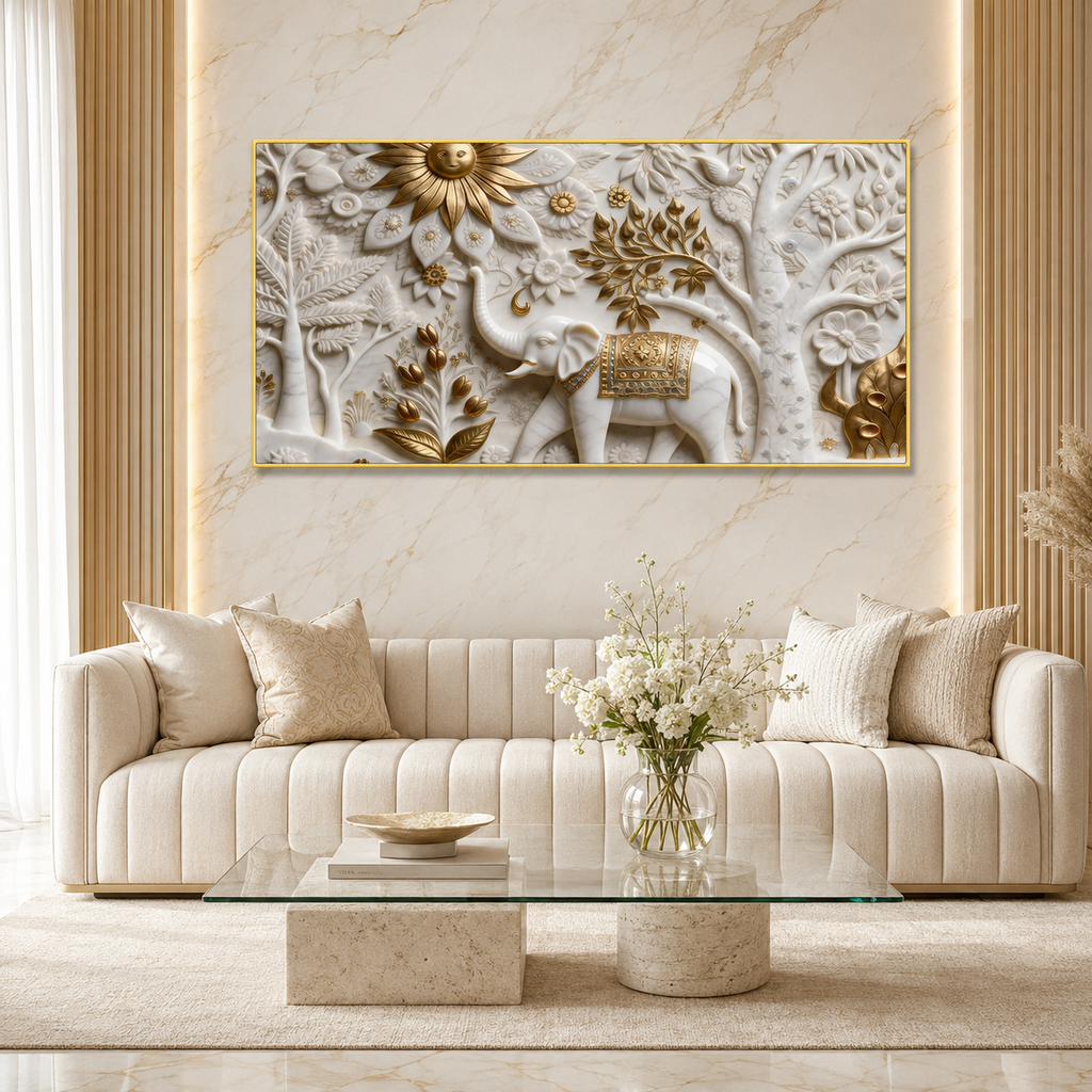 Luxury Elephant 3D Canvas Art with Floral Embossed Design for Living Room