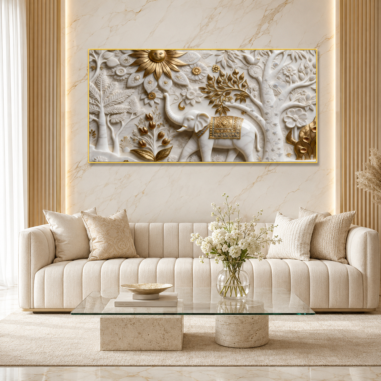 Luxury Elephant 3D Canvas Art with Floral Embossed Design for Living Room