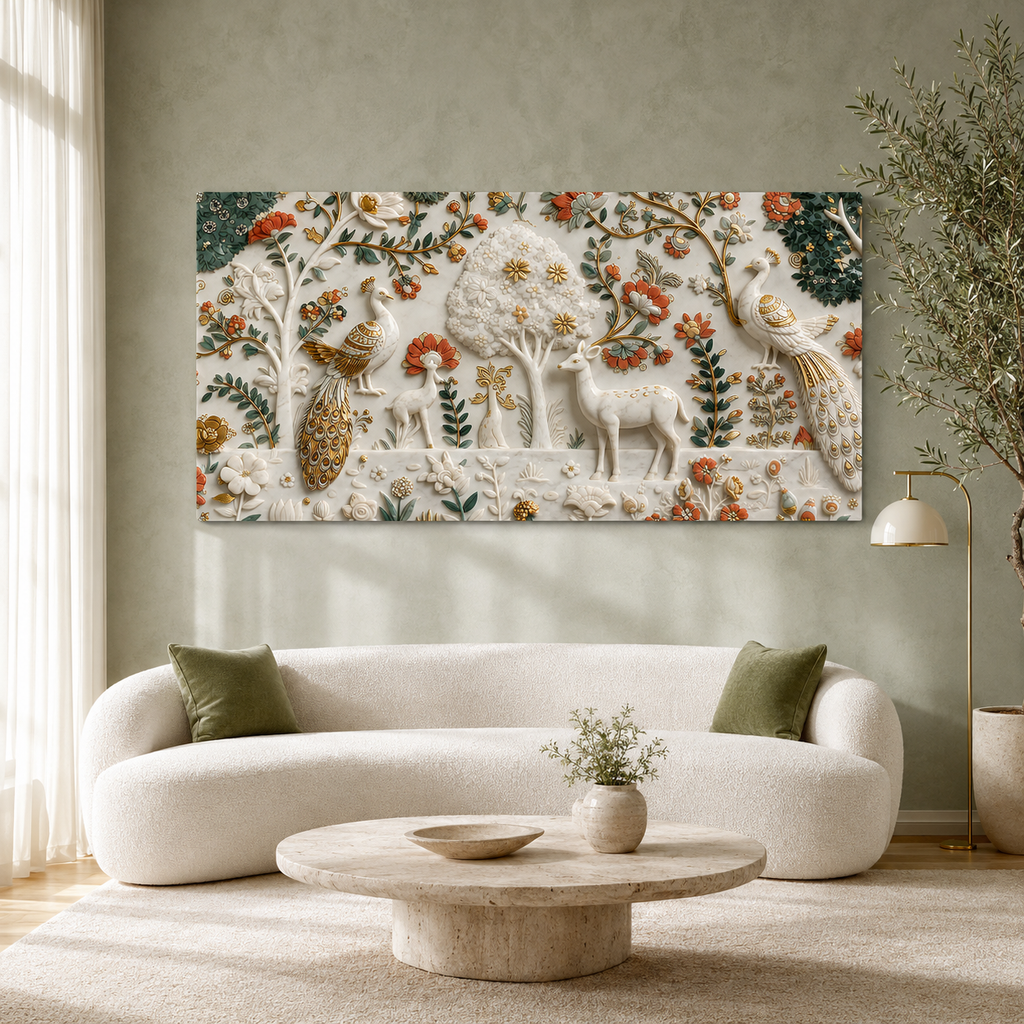 Premium Peacock and Deer 3D Canvas Wall Art for Modern Living Room Decor