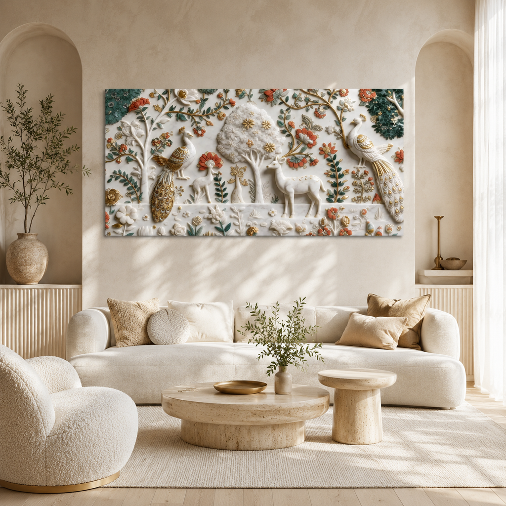 Premium Peacock and Deer 3D Canvas Wall Art for Modern Living Room Decor