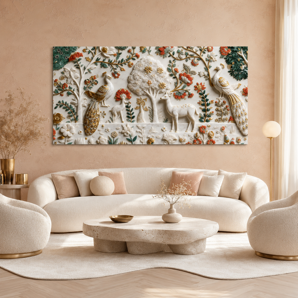 Premium Peacock and Deer 3D Canvas Wall Art for Modern Living Room Decor