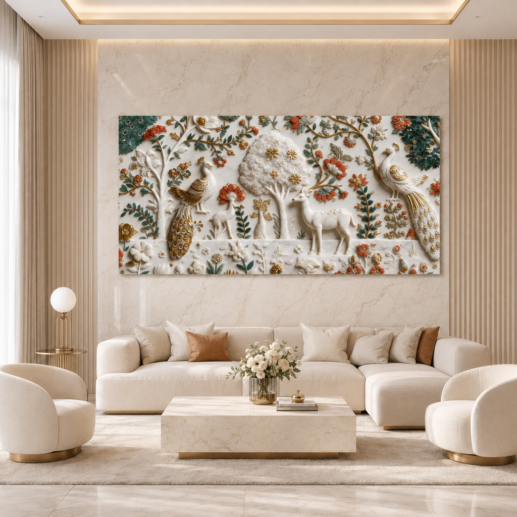 Premium Peacock and Deer 3D Canvas Wall Art for Modern Living Room Decor