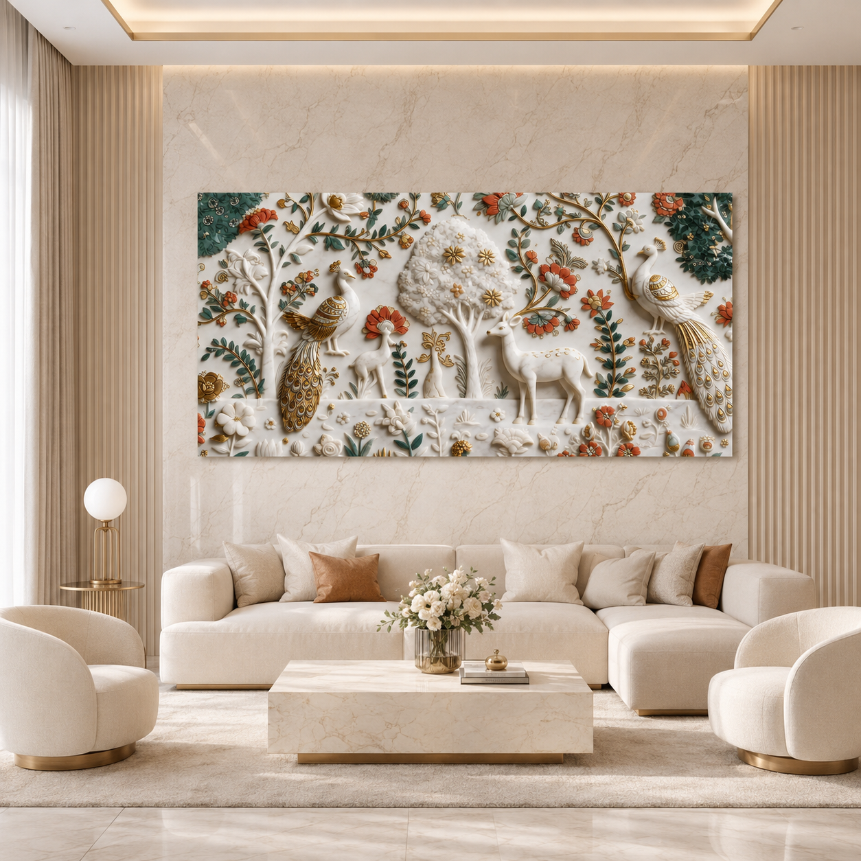 Premium Peacock and Deer 3D Canvas Wall Art for Modern Living Room Decor
